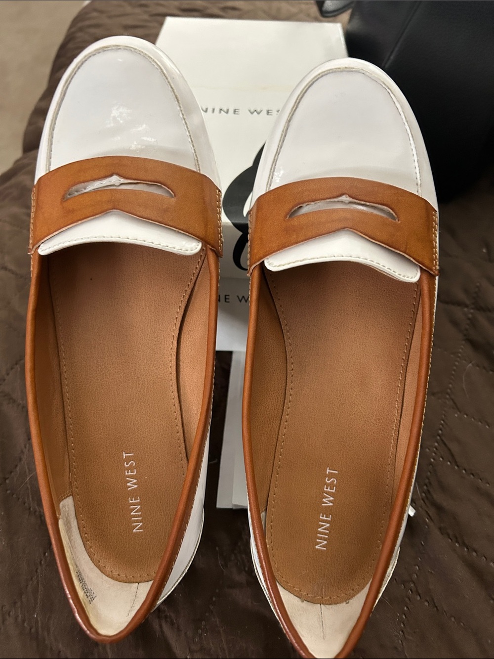 Nine West White and Tan Two-Tone Penny Loafers